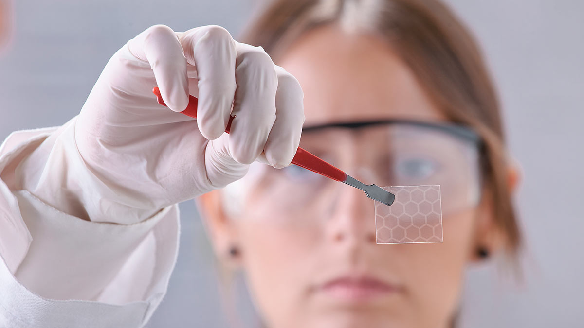 Научный показ куска графена с шестиугольным представлением молекулы