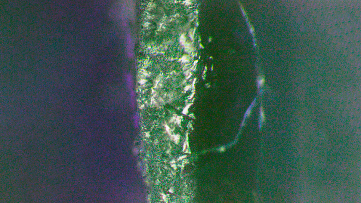 Разрез образца стопроцентно хлопчатобумажной ткани с нанесенным многофункциональным покрытием, увеличенный под микроскопом